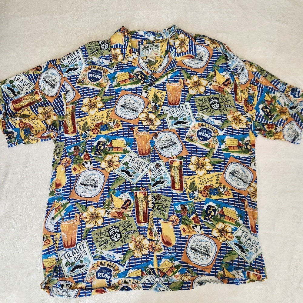 Big Dogs Shirt Mens Medium Blue Hawaiian Aloha Cocktails List Beach 100% Rayon